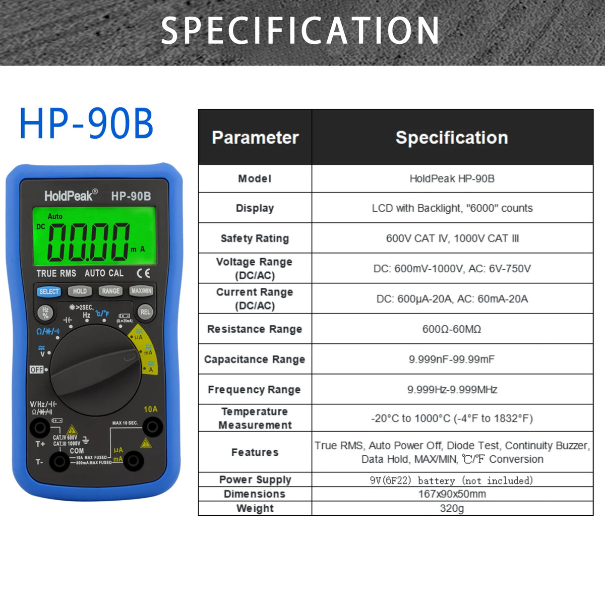 HoldPeak Digital Multimeter True RMS Auto Range Electrical Tester — product view 7