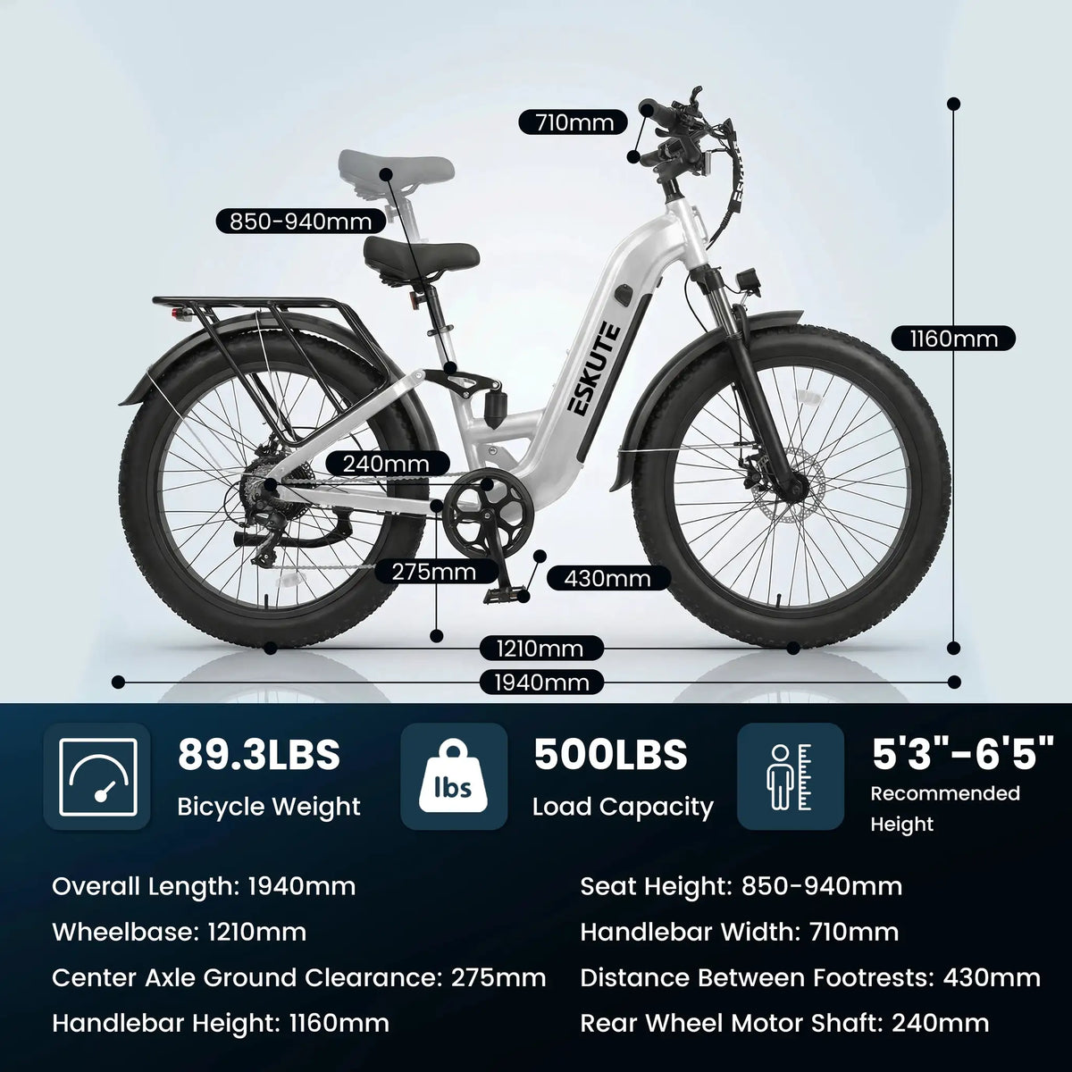 ESKUTE C300R-ST - Full Suspensions - Electric Bike for Adults ，48V20.8Ah Battery Ebike up to 80 Miles, 26x4.0 Fat Tire Step-Through Ebike, 8-Speed, UL2849 E-Bike