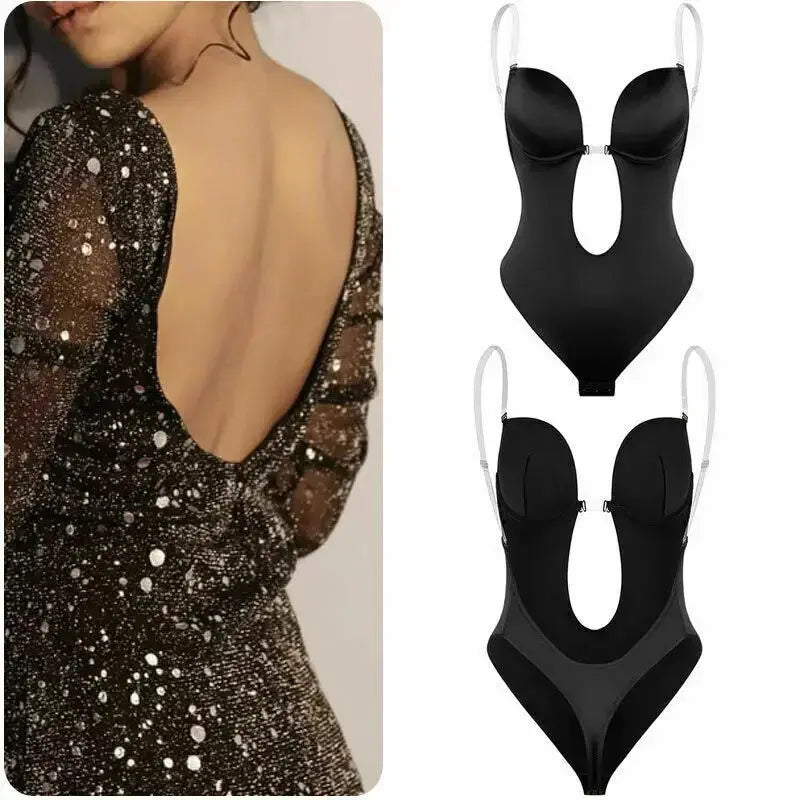 Black swimsuit with open back design on a white background