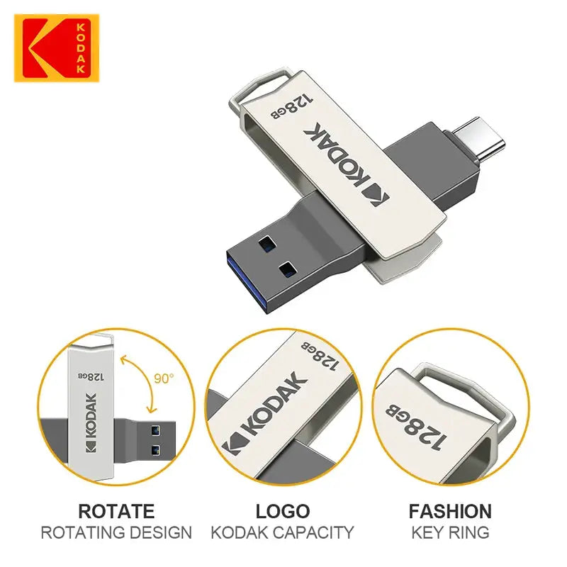 Kodak K273 128GB USB3.2 Type C OTG Dual Flash Drive 128GB USB3.2 Pendrive Metal U-disk for Smart Phone PC desktop Laptop macbook