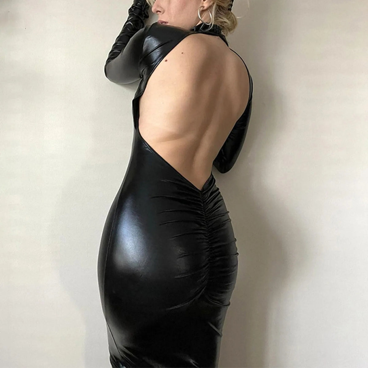 Backless Leather-Look Evening Maxi Dress