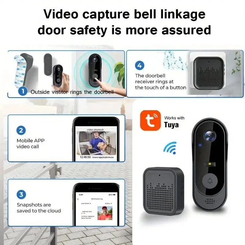 Tuya WiFi Home Smart Video Doorbell Outdoor Bidirectional HD Door Eye Camera 1080P Support SD Card Cloud Storage Waterproof