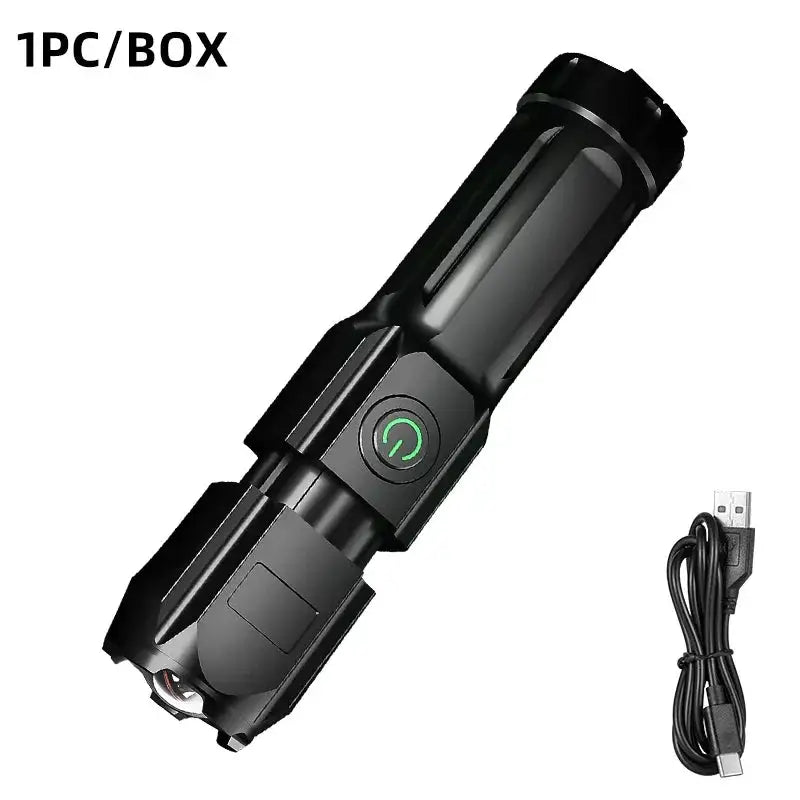 Compact USB Charging LED Flashlight Portable Telescopic Zoom Strong Light Focused Long-Range Household Emergency Lighting