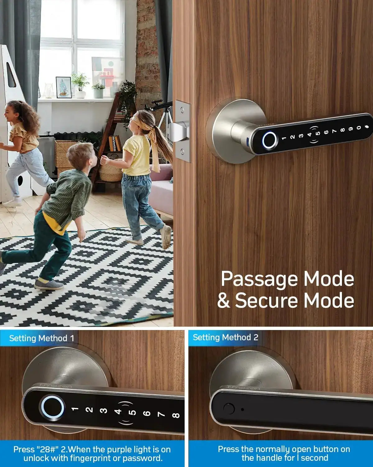 TMEZON Smart Door Lock Fingerprint, Keyless Entry Door Lock with Handle, APP/IC Cards/Codes/Keys/Fingerprints Biometric Electronic Keyless Entry Lock for Bedroom Home Hotel Office