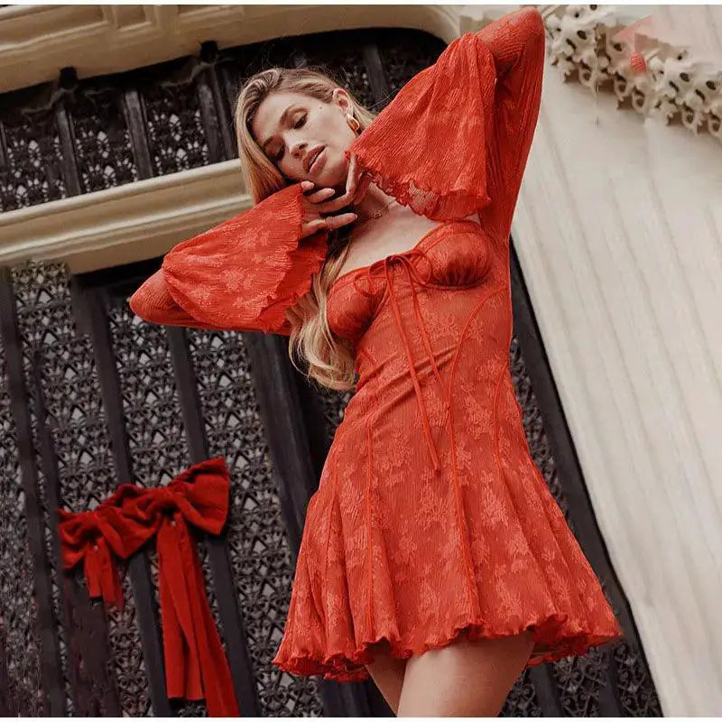 Vintage Lace Flare Sleeve Mini Dress Timeless Romantic Style