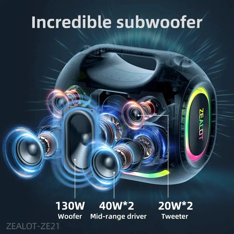ZEALOT-ZE21 250W Big Power Wireless TWS Subwoofer Bluetooth Speaker High Volume Waterproof Portable Mobile Power HIFI Sound