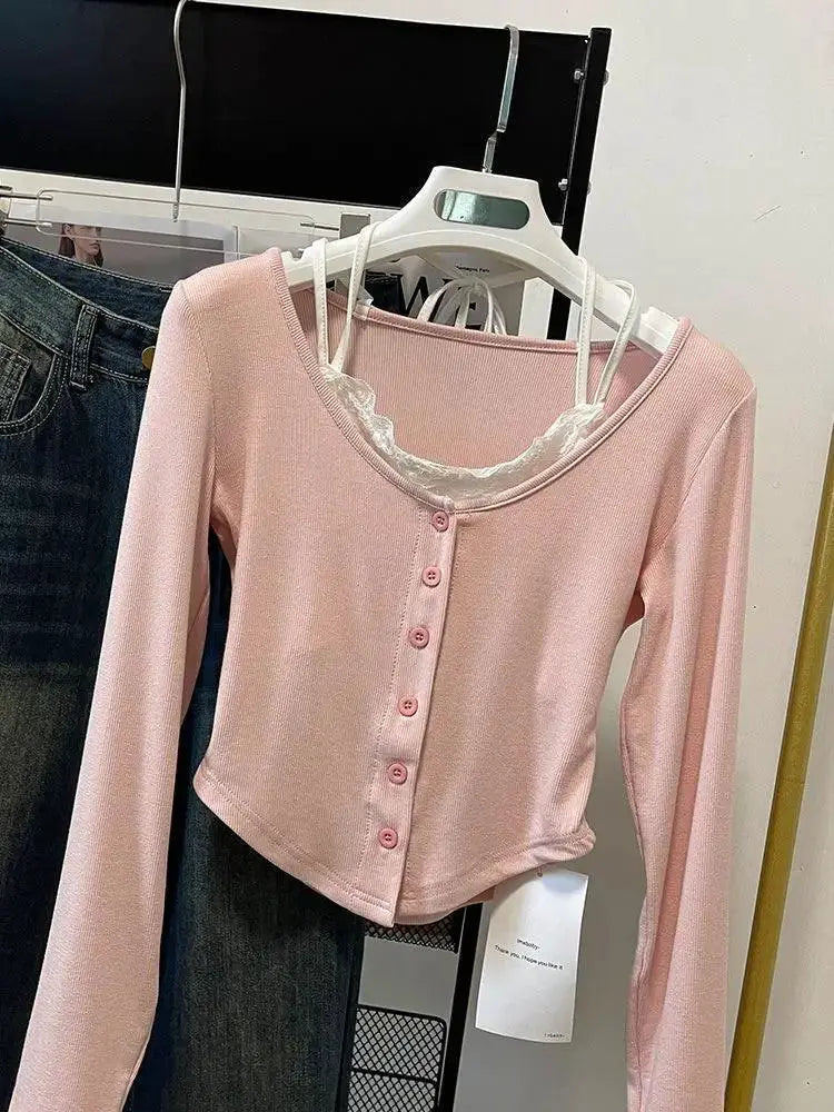 Pink Cropped T Shirt Retro Patchwork Design Korean Fashion
