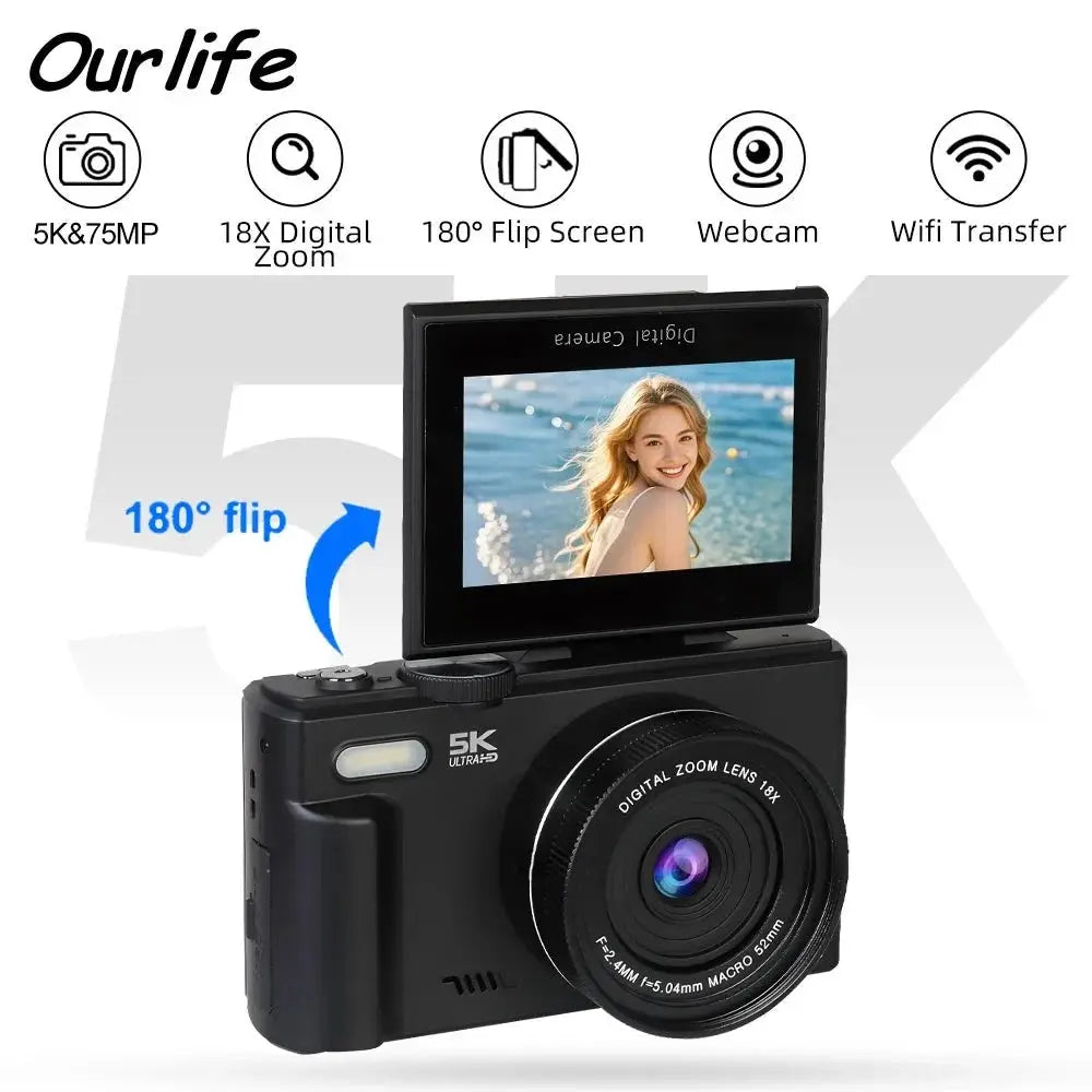 5K Compact Digital Camera With 18X Zoom 180 Degree Flip Screen For YouTube Vlog - stepyours.com