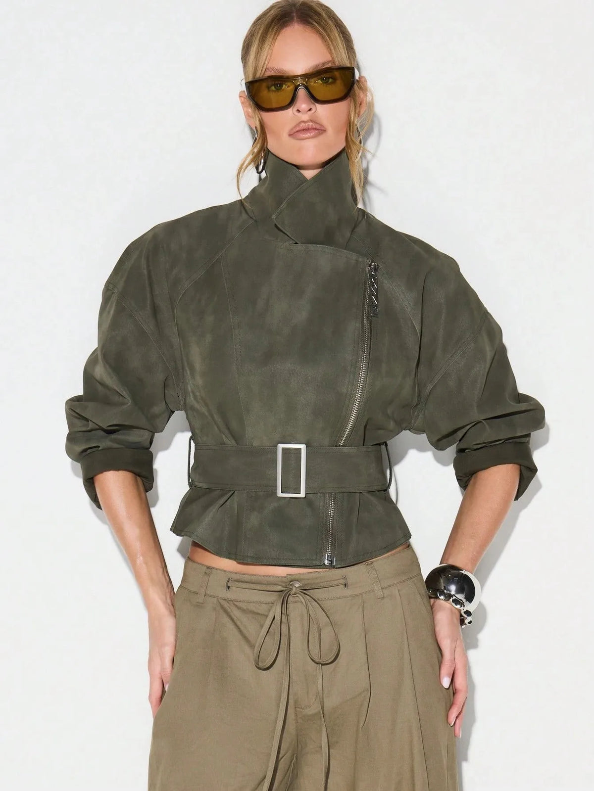 Belted Notched Lapel Zip Jacket