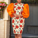 4XL Women's Printed Lantern Sleeve Dress Fashionable Plus Size