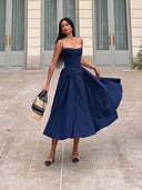 Suninheart Elegant Spaghetti Strap Midi Dress Navy Blue