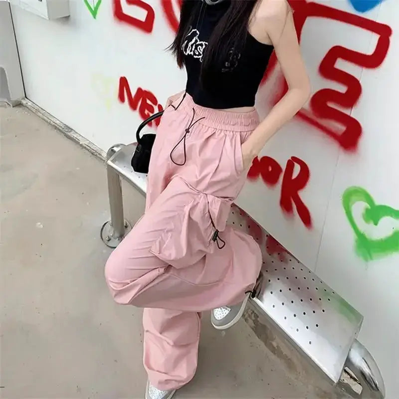 Y2K Parachute Black Cargo Trousers Women Hippie Streetwear