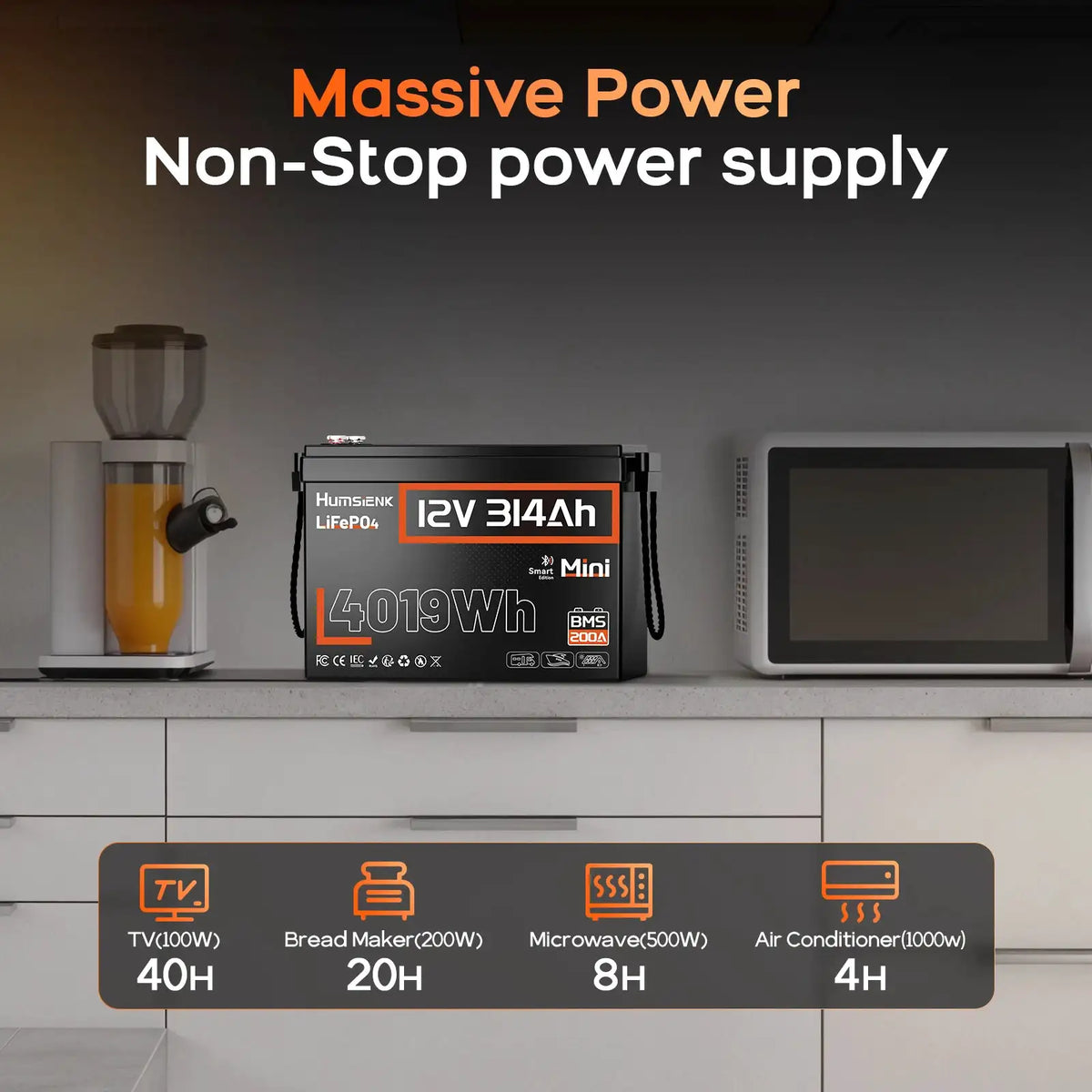 Humsienk 12V 314Ah LiFePO4 Battery, Capacity 4019Wh, Size MINI, Built-in Bluetooth & 200A BMS, 15000+ Deep Cycle, Low-Temp Protection For Fishing, Portable Power Station, Golf Cart, Boat, Marine, Off-Grid, Solar, 5-Year Warra