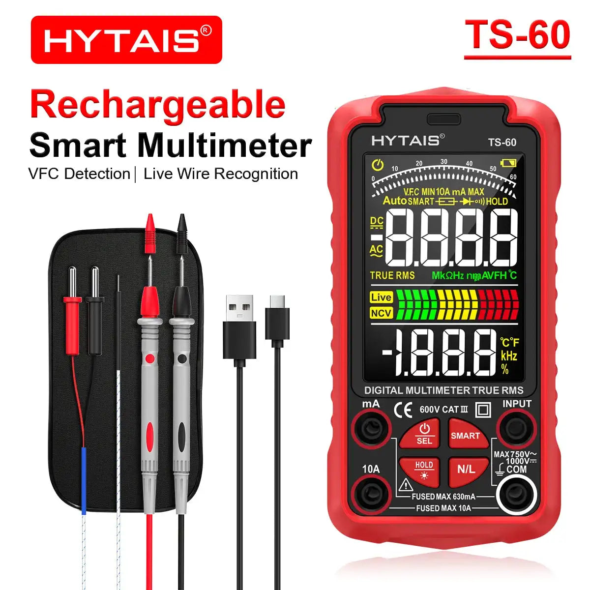 HYTAIS TS60 Smart Digital AC DC Multimeter 6000 Counts True RMS Auto Ranging Rechargeable Lithium Battery NCV Live Wire Detector