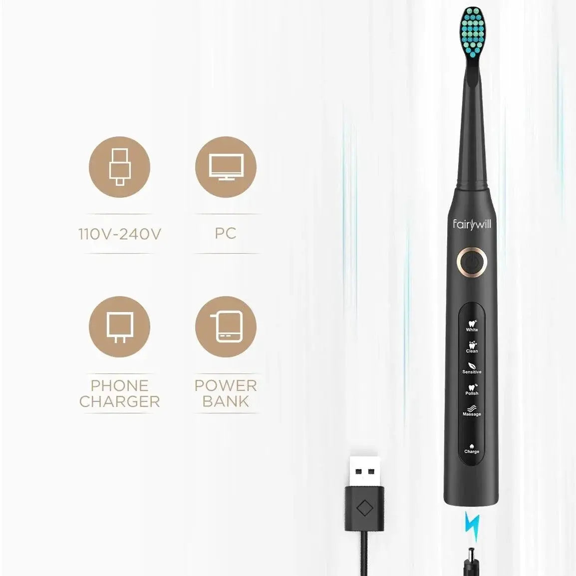 Fairywill 507 Sonic Toothbrush Waterproof Rechargeable