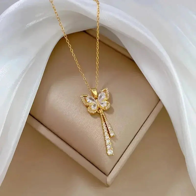 Exquisite Micro Inlaid Zircon Butterfly Tassel Necklace
