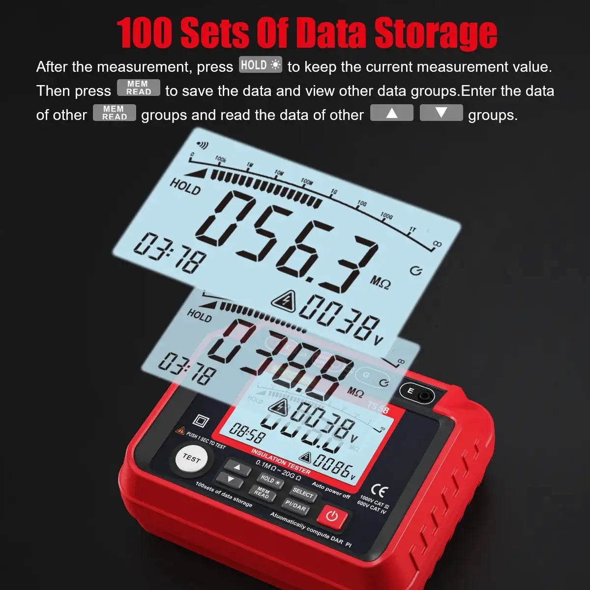TS58 Digital Insulation Resistance Tester Megohmmeter 1000V 0.1MΩ-20GΩ AC DC Voltage Meter with DAR PI Data Storage Backlight