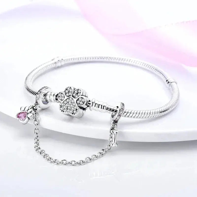 Silver Plated Safety Chain Pink Cat Moon Star Charm