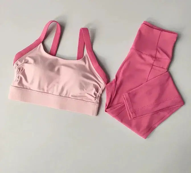High Intensity Color Blocking Cross Back Integrated Yoga Set 2PCS Sports Underwear High Waist and Hip Lifting Fitness Leggings