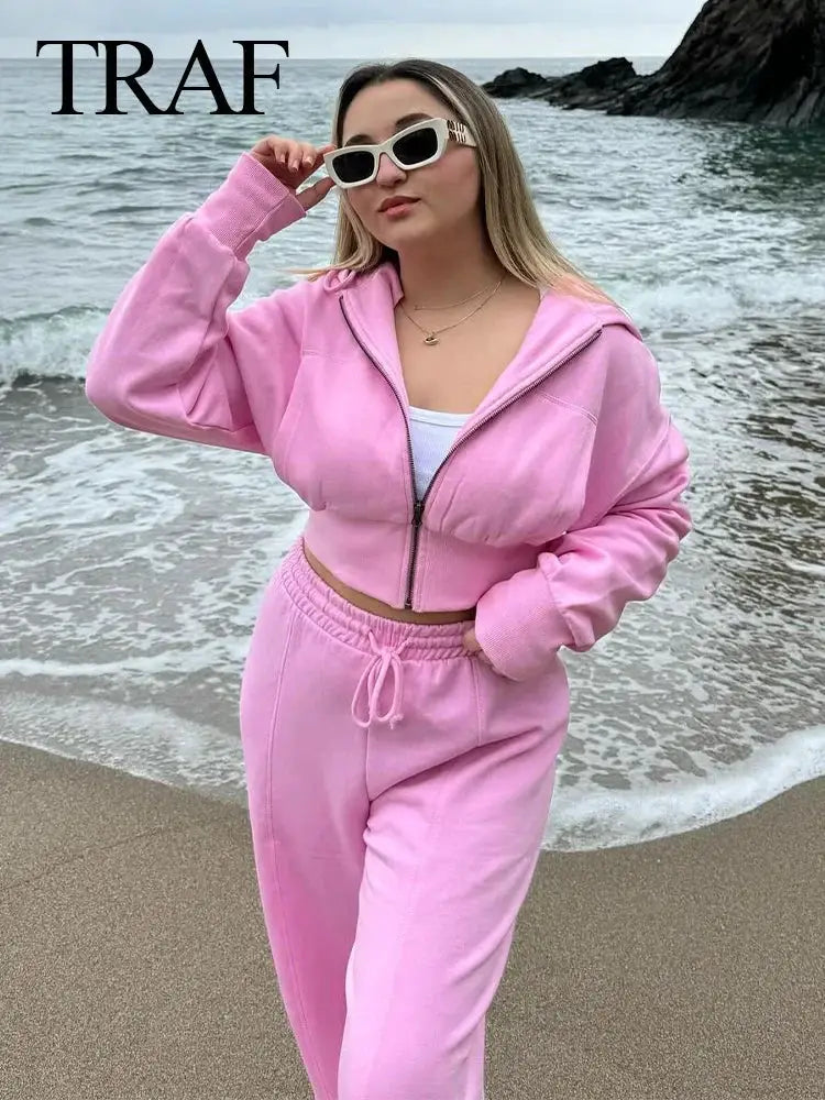 TRAF 2024 Spring Women Casual Hoodies Zipper Coat Set