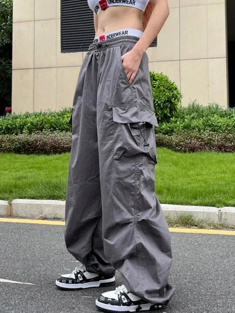 Y2K Parachute Black Cargo Trousers Women Hippie Streetwear