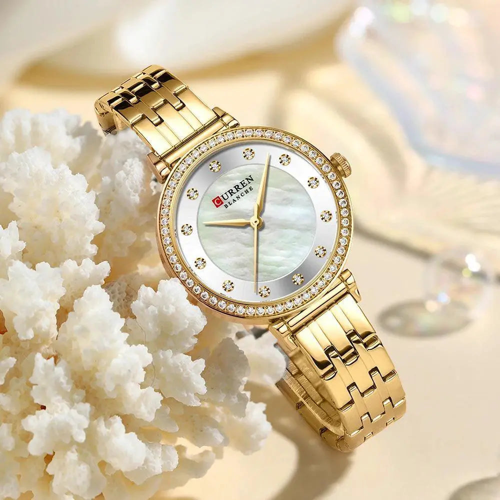 Curren Luxurious Rhinestone Shell Dial Watch for Women