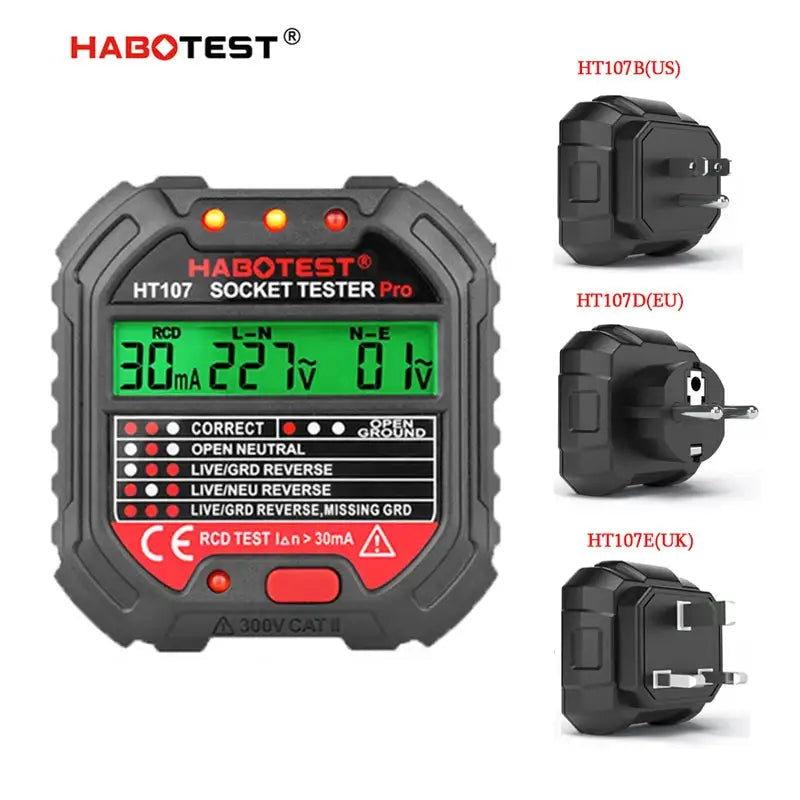 HT107 Digital Socket Tester Pro Voltage 30mA &5mA RCD Test Smart Detector EU US UK Plug Ground Zero Line Polarity Phase Check