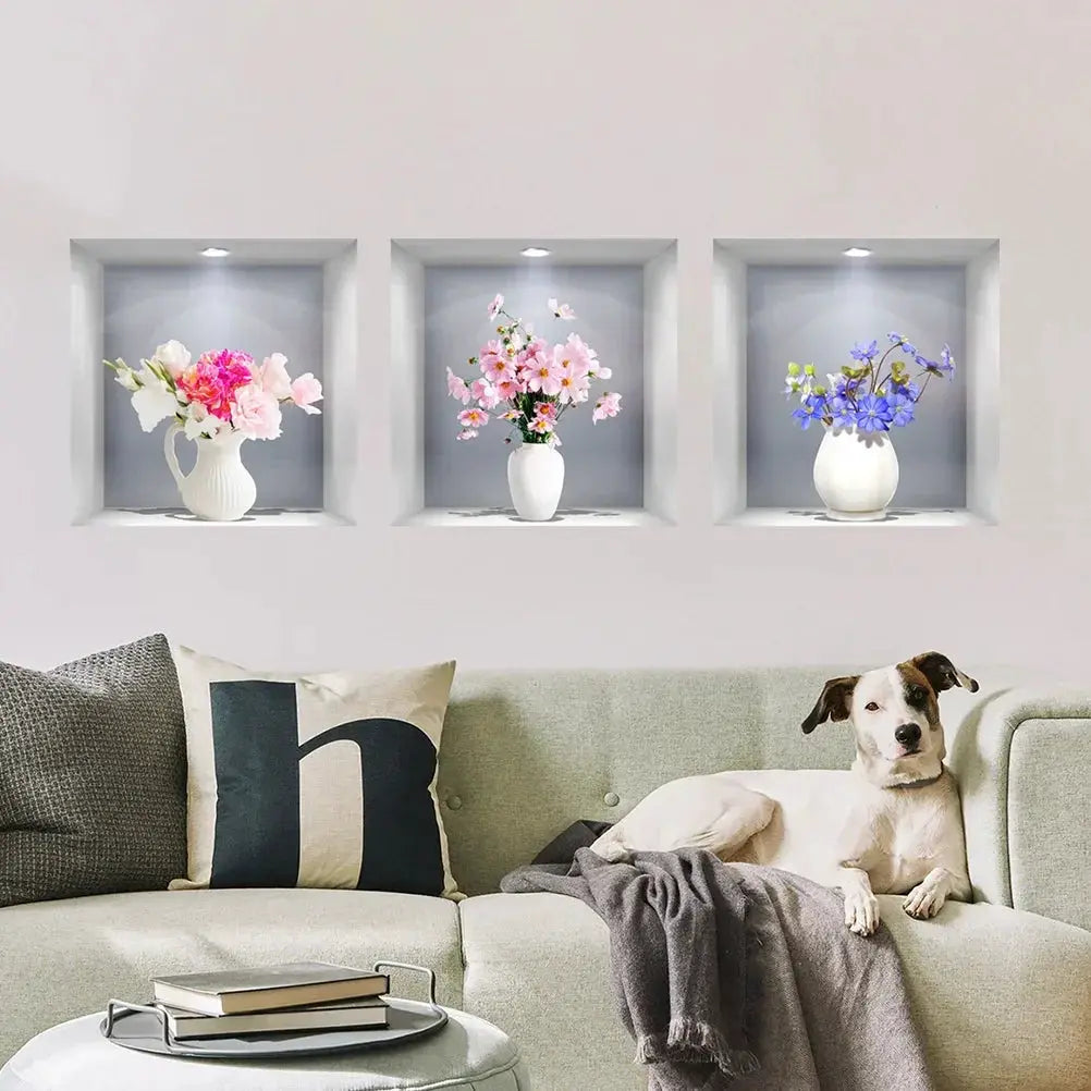 3D Window Flower Wall Sticker Vase Set 3 Pieces Decor