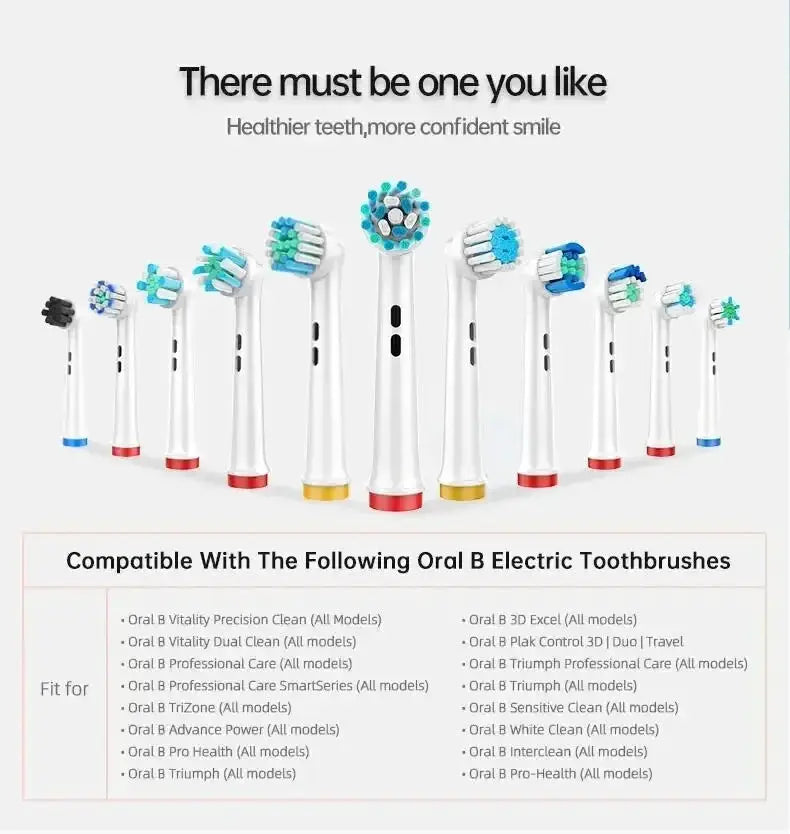Assorted Oral B electric toothbrush heads compatible with multiple models, featured on OurLum.com