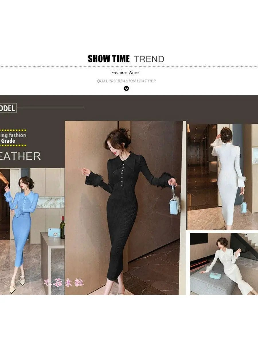 Autumn Winter Pointed Collar Knit Dress For Modern Women