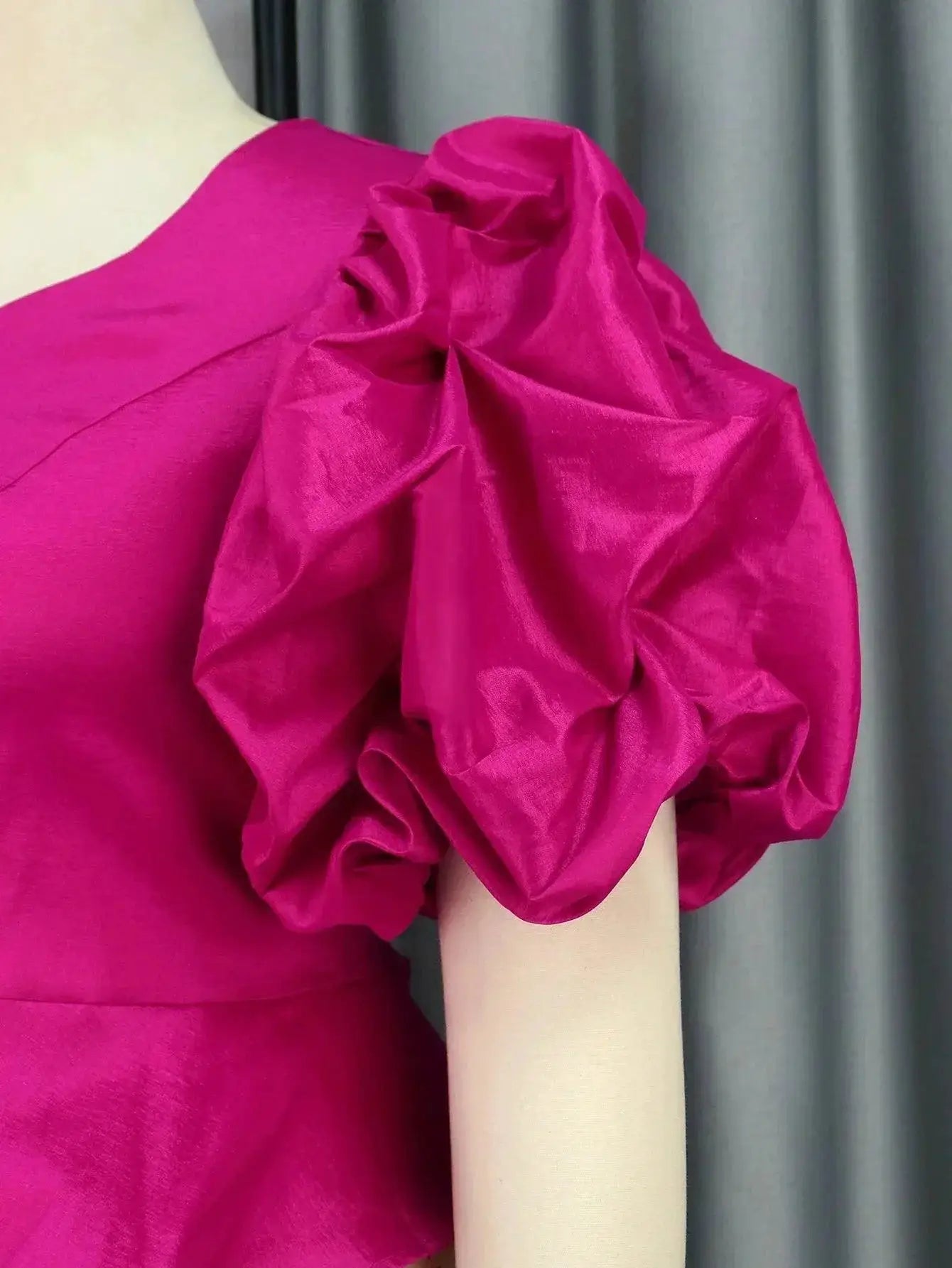 Elegant Peplum Blouse Irregular V Neck Puff Sleeves Ruffles