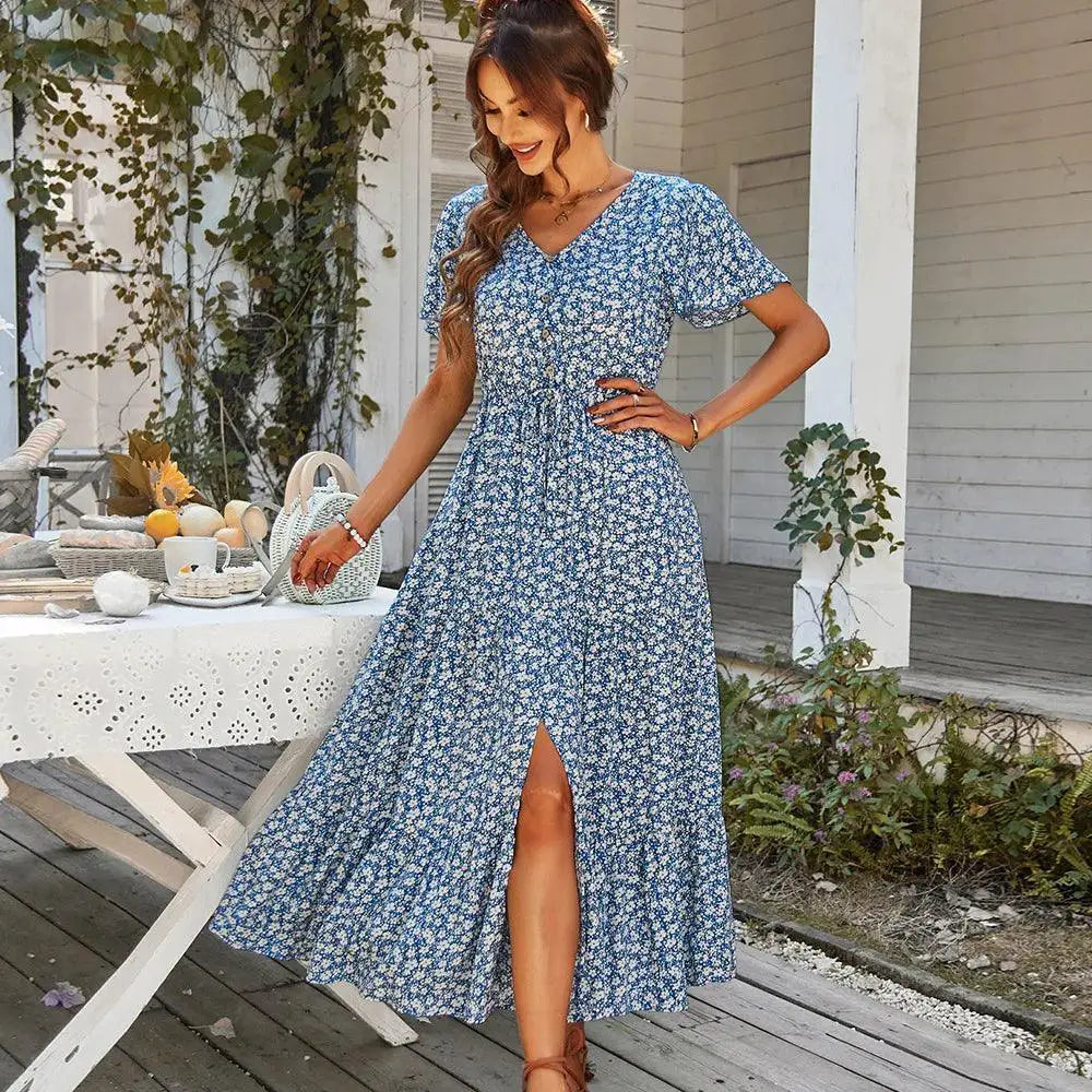 Vintage Floral Summer Dress With High Waist Slit Beachwear