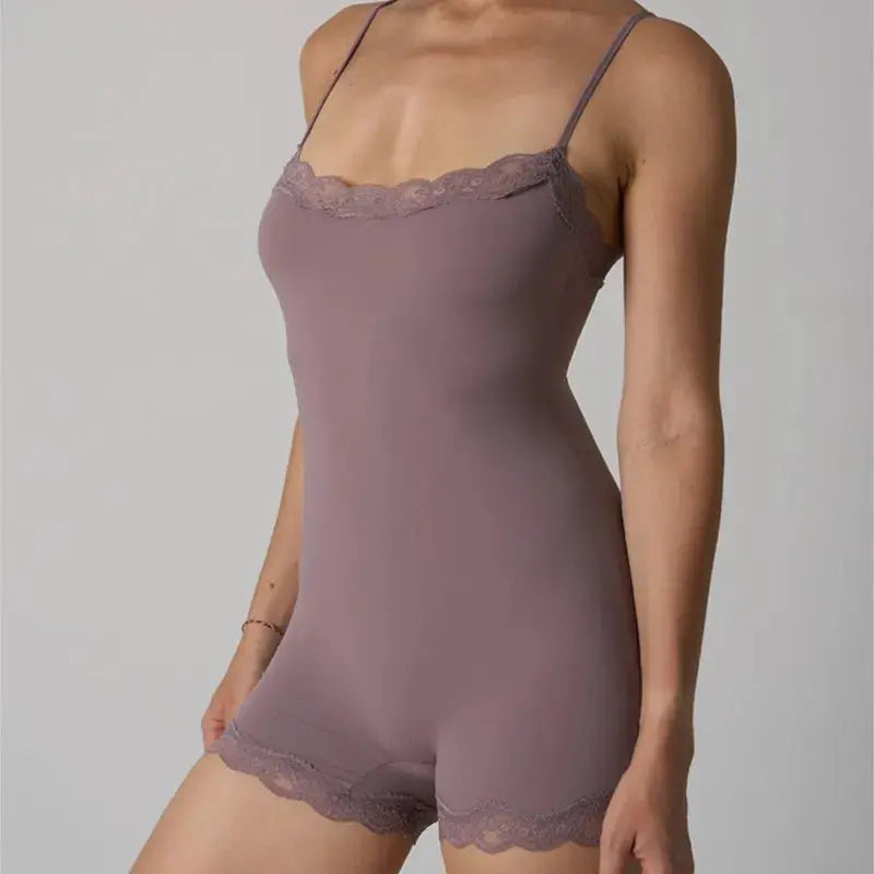 Hot Women Sexy Lace Patchwork Bodysuit Sports FitnessSkinny Shaperwear Camisole Square Neck Spaghetti Strap Slimming Bodycon