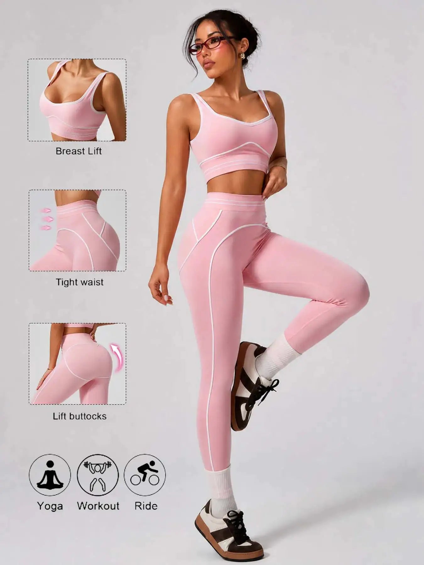 Contrast Trim Activewear Set Women Crop Tank Top High Rise Tummy Control Leggings Two Piece Sport Fitness Outfit