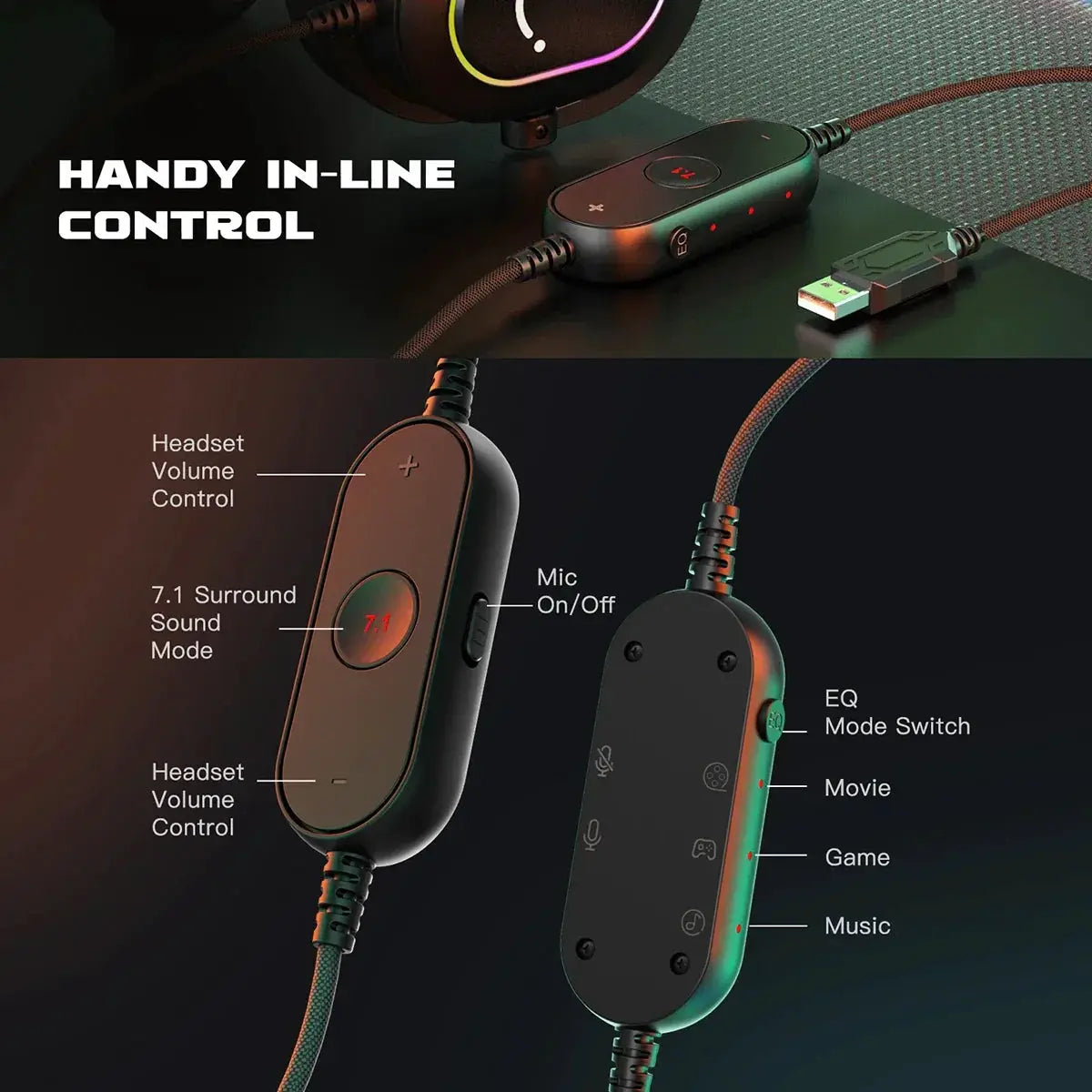 Dynamic RGB Gaming Headset With Mic Over Ear 7.1 Immersive