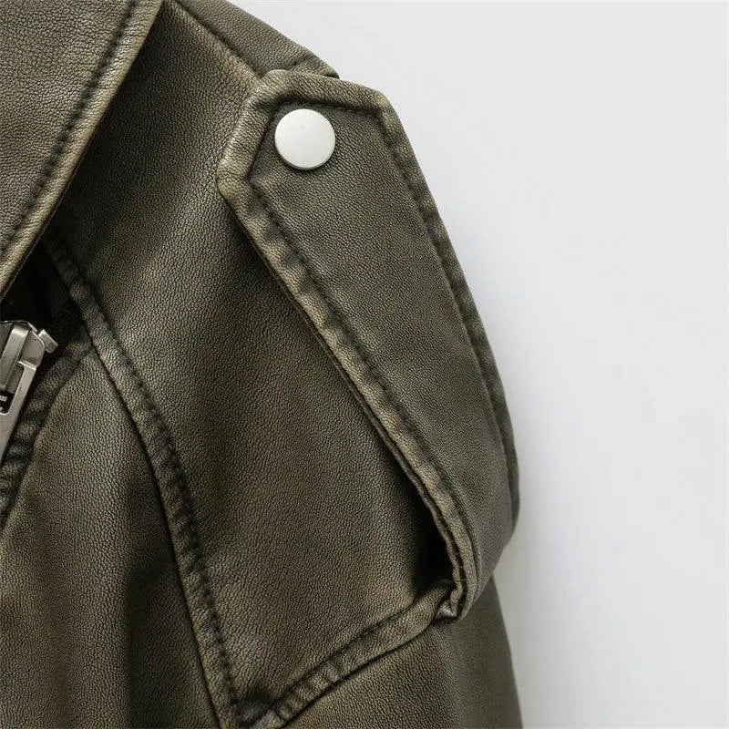 Vintage Faux Leather Moto Jacket for Women Retro Coat