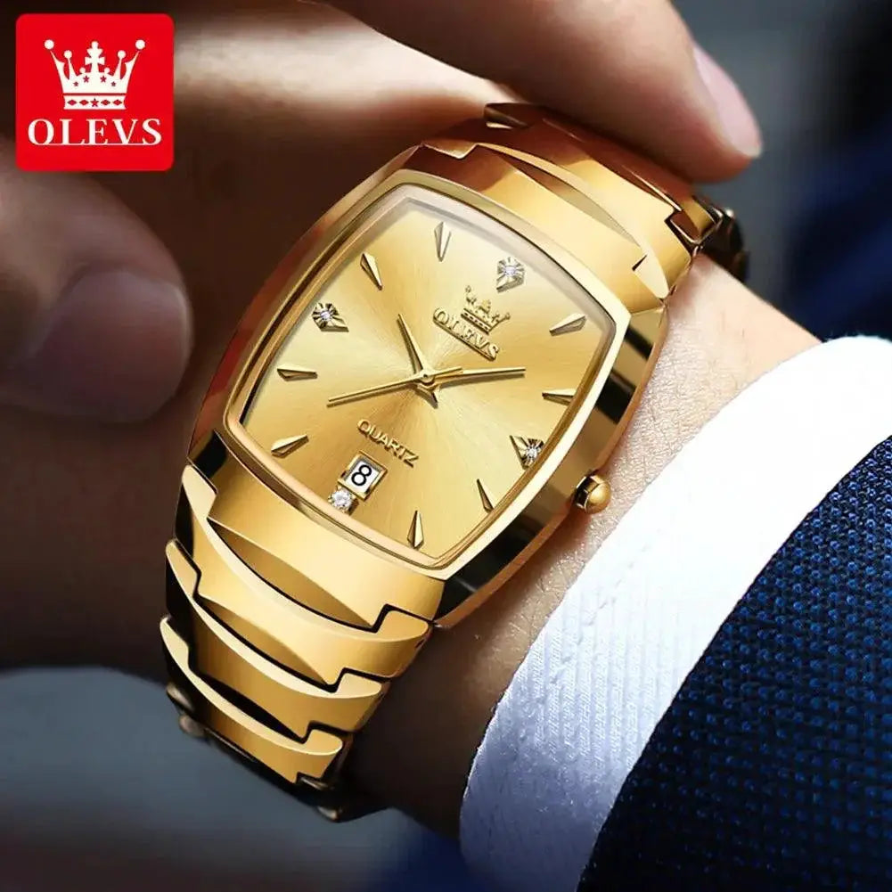 OLEVS Gold Tungsten Steel Square Dial Watch For Men