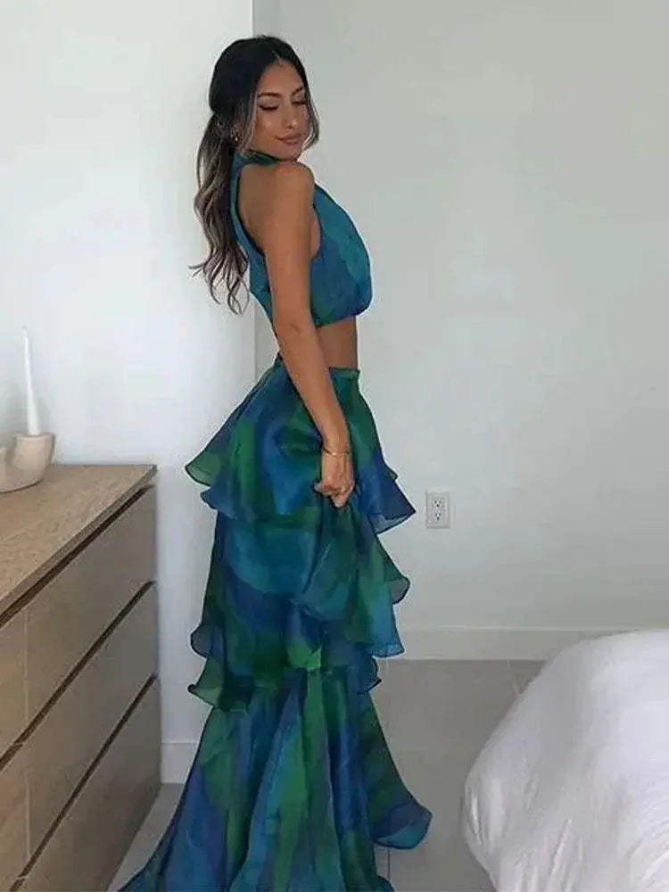 Bohemian Patchwork Ruffle Halter Dress For Summer Chic