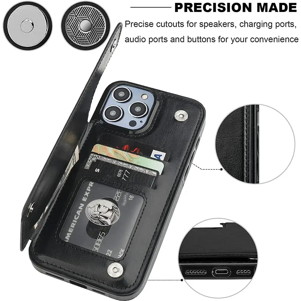 Double Buckle Leather Case for iPhone 14 Pro Max 14 Plus with Card Slots and Stand Function Drop Protection Cover
