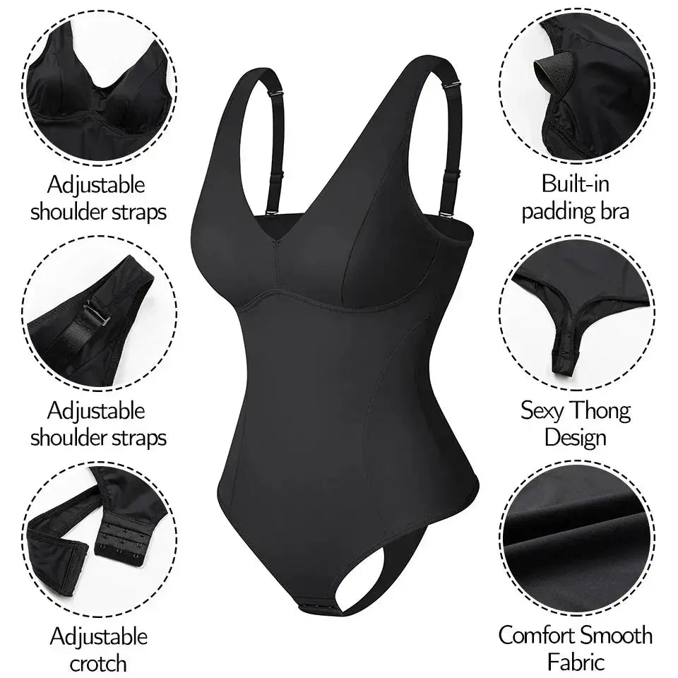 Deep V Neck Shapewear Bodysuit Built In Bra Slimming Thong