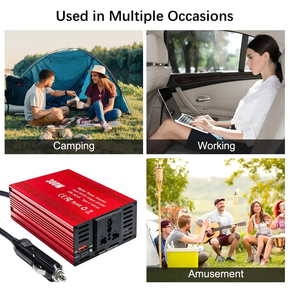 Car Power Inverter 300W Pure Sine Wave EU Socket DC12V to AC 220V 50hz, 5V 2.4A USB Port Fast Charging Voltage Adapter