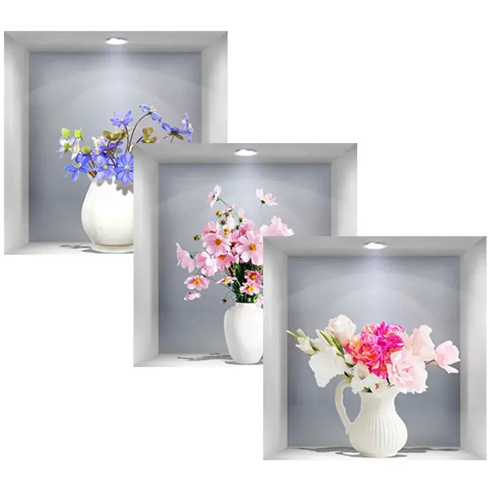 3D Window Flower Wall Sticker Vase Set 3 Pieces Decor