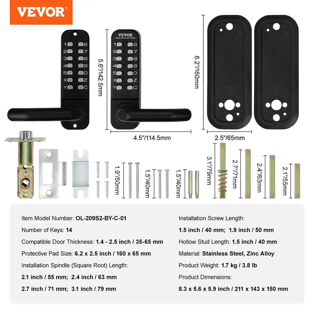 SucceBuy Mechanical Keyless Entry Door Lock Single/Double -Sided 14 Digit Keypad and Handle Embedded