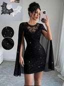 Sheer Cape Glitter Cocktail Dress