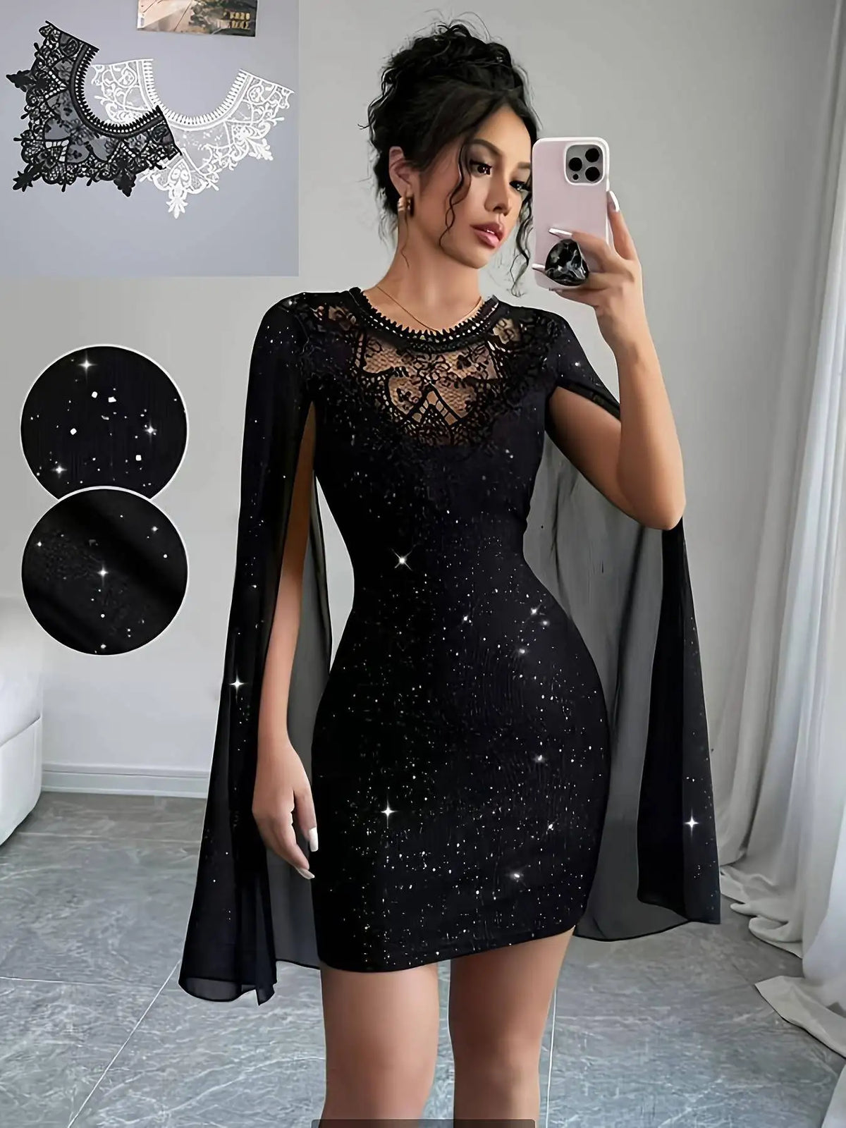 Sheer Cape Glitter Cocktail Dress