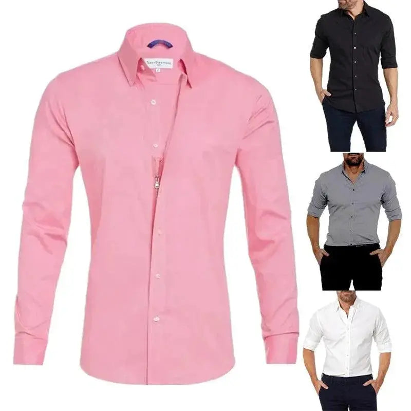 Mens Casual Slim Cotton Long Sleeve Zip Shirt High Quality