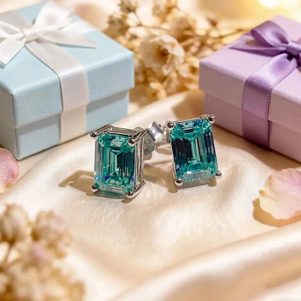 Green square moissanite stud earrings in a geometric setting