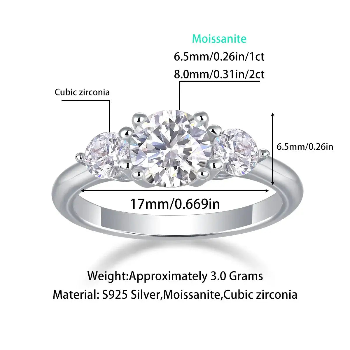 Three-stone moissanite ring with a center stone and two side accents
