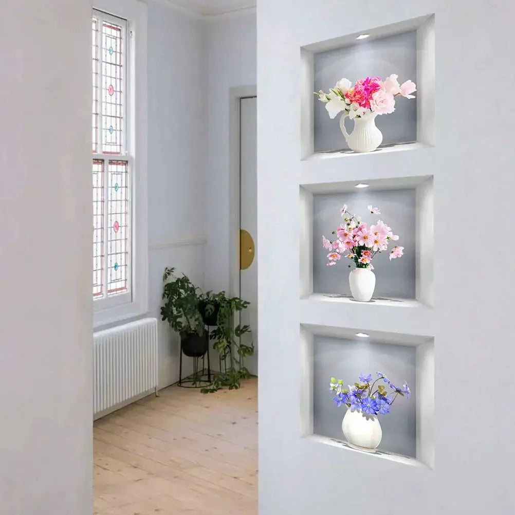 3D Window Flower Wall Sticker Vase Set 3 Pieces Decor