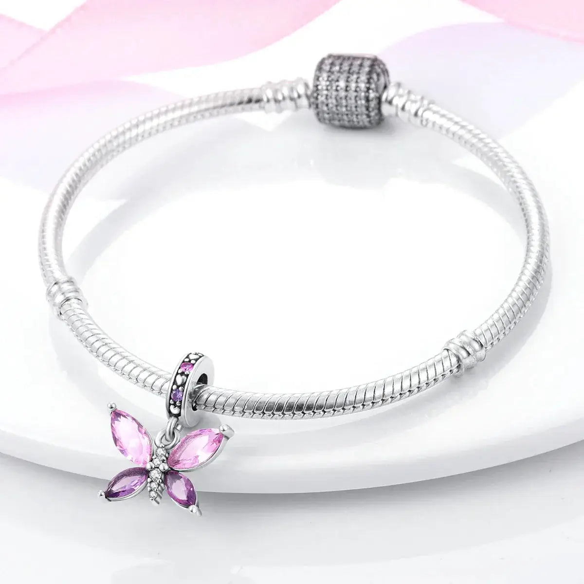 Silver Plated Charm Beads Pink Butterfly Flower For Jewelry